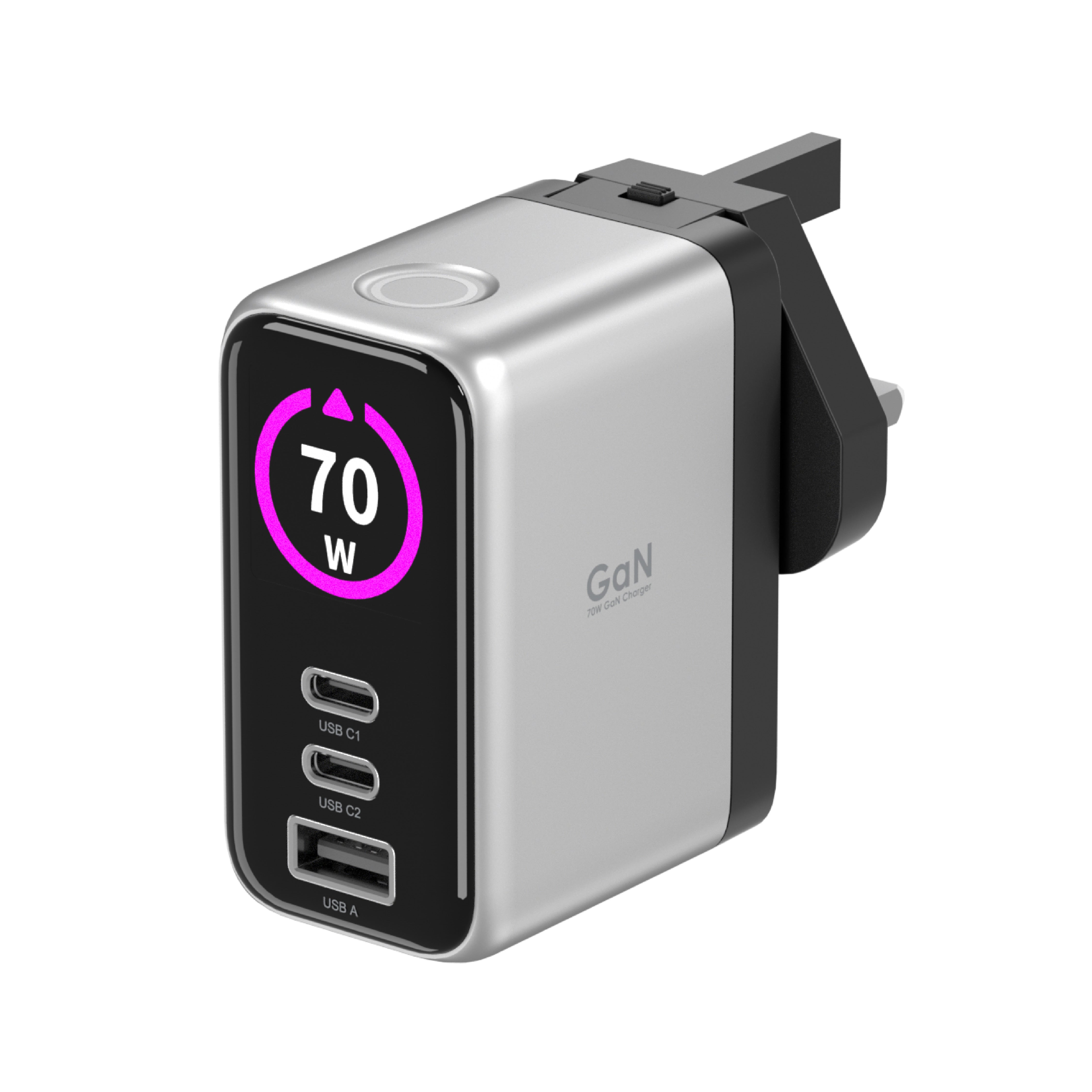 LZEL 70W GaN Travel Charger with 3-Port PD Digital Display & UK/EU/AU Plugs | Silver/Black LZEL 70W GaN Travel Charger with 3-Port PD Digital Display & UK/EU/AU Plugs | Silver/Black